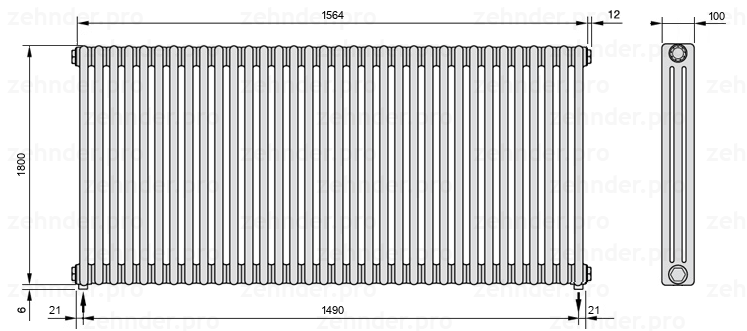 Схема (чертеж) Радиатор Zehnder Charleston 3180/34 №3570 Белый глянцевый RAL 9016